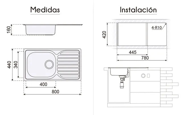 Évier encastrable : 1 cuve 1 égouttoir 80x48 cm inox avec bonde trop-plein et siphon