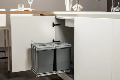 Poubelle coulissante cuisine : 2 x 18 L tri sélectif, structure fil acier gris, extraction totale, meuble 400 mm