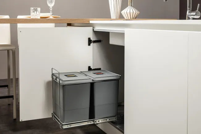 Poubelle coulissante cuisine : 2 x 18 L tri sélectif, structure fil acier gris, extraction totale, meuble 400 mm