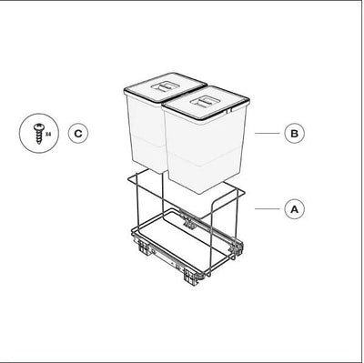 Poubelle coulissante cuisine : 2 x 18 L tri sélectif, structure fil acier gris, extraction totale, meuble 400 mm