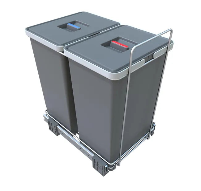 Poubelle coulissante tri sélectif 2x24L fil acier gris, encastrable meuble cuisine 400mm