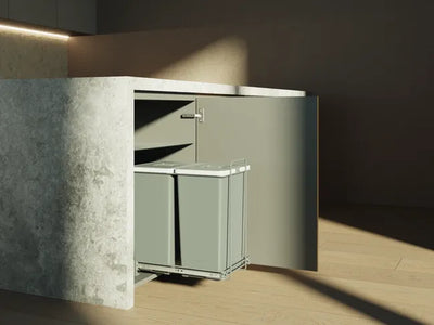 Poubelle coulissante cuisine : 2 x 24 L tri sélectif, structure fil acier gris, extraction totale, meuble 400 mm