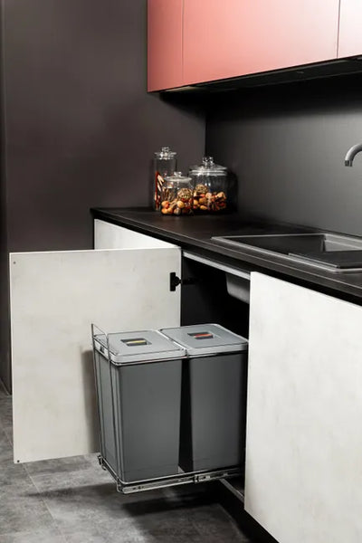 Poubelle coulissante cuisine : 2 x 24 L tri sélectif, structure fil acier gris, extraction totale, meuble 400 mm