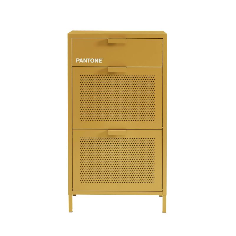 Meuble à chaussures 3 portes métal jaune moutarde 55cm, design contemporain