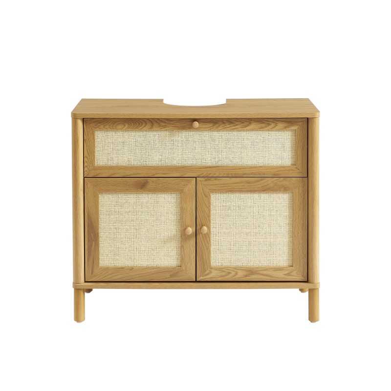 Meuble de salle de bain 80cm effet chêne et façades rotin, style naturel contemporain