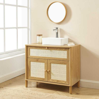 Meuble de salle de bain HAIDA effet chêne et rotin 80cm