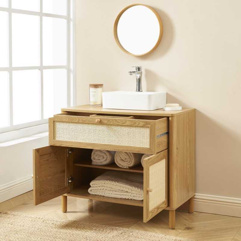 Meuble de salle de bain HAIDA effet chêne et rotin 80cm