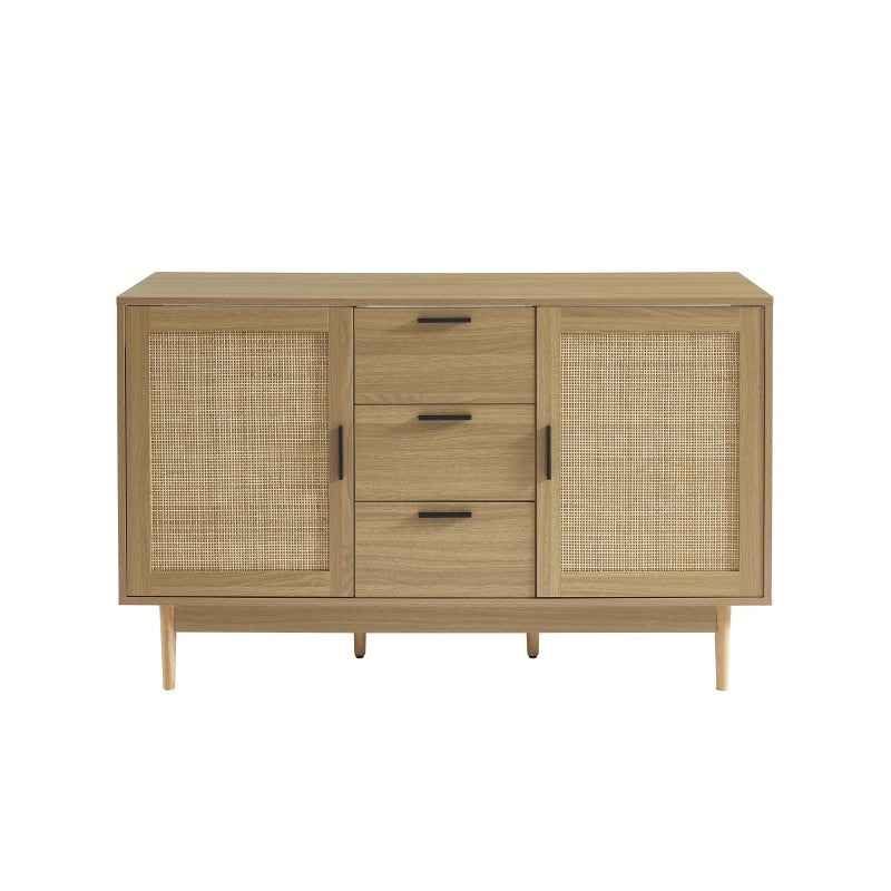 Meuble sous lavabo 130cm effet chêne et cannage rotin tressé, style bohème contemporain