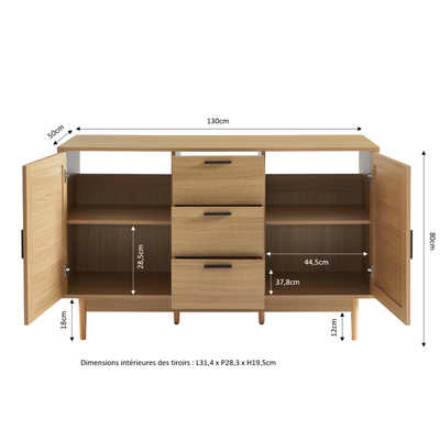 Meuble sous lavabo AMANA effet chêne et cannage rotin 130cm