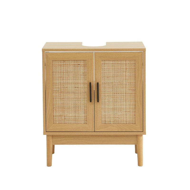 Meuble sous-vasque 60cm effet chêne et cannage rotin, salle de bain moderne sur mesure