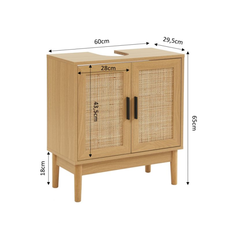 Meuble sous vasque AMANA effet chêne et cannage rotin 60cm