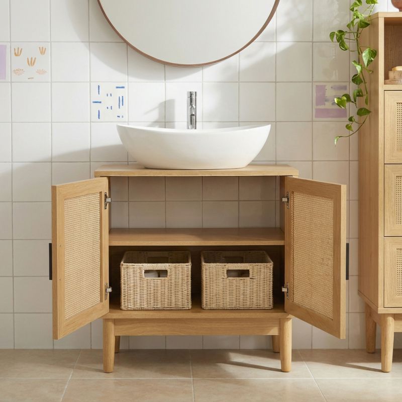 Meuble sous vasque AMANA effet chêne et cannage rotin 60cm