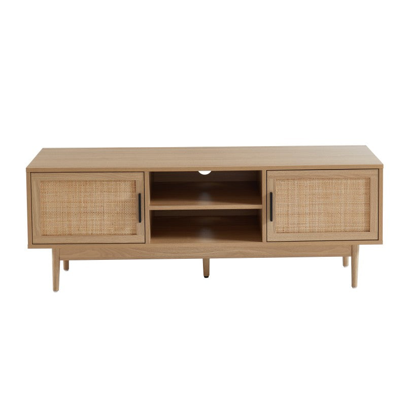 Meuble TV 130cm effet chêne et cannage rotin, style scandinave pour salon moderne