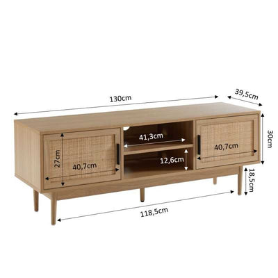 Meuble TV AMANA effet chêne et cannage rotin 130cm