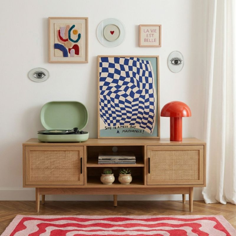 Meuble TV AMANA effet chêne et cannage rotin 130cm