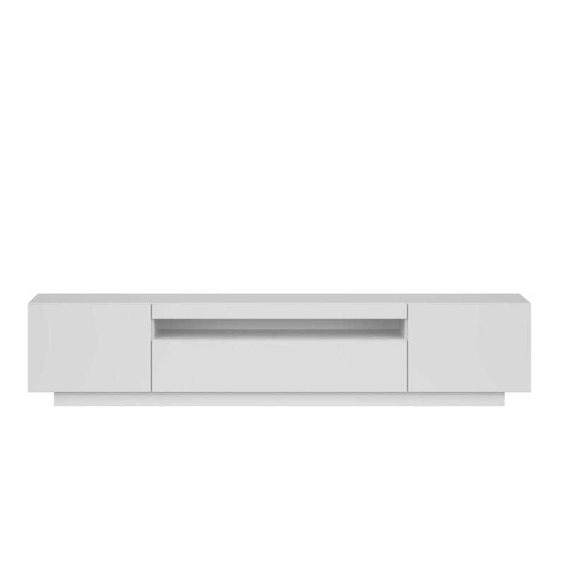 Meuble TV 200cm blanc mat 3 portes, design minimaliste pour salon spacieux