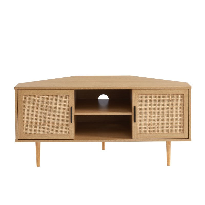 Meuble TV d'angle 115cm effet chêne et cannage rotin, design naturel pour salon
