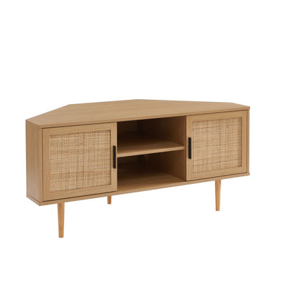 Meuble TV d'angle AMANA effet chêne et cannage rotin 115cm