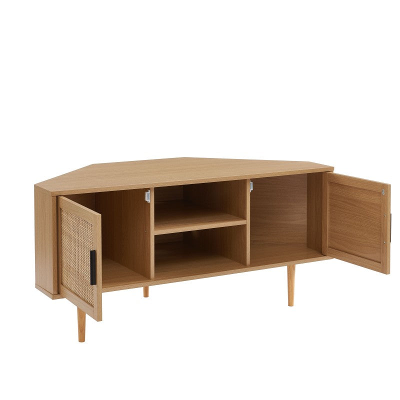 Meuble TV d'angle AMANA effet chêne et cannage rotin 115cm