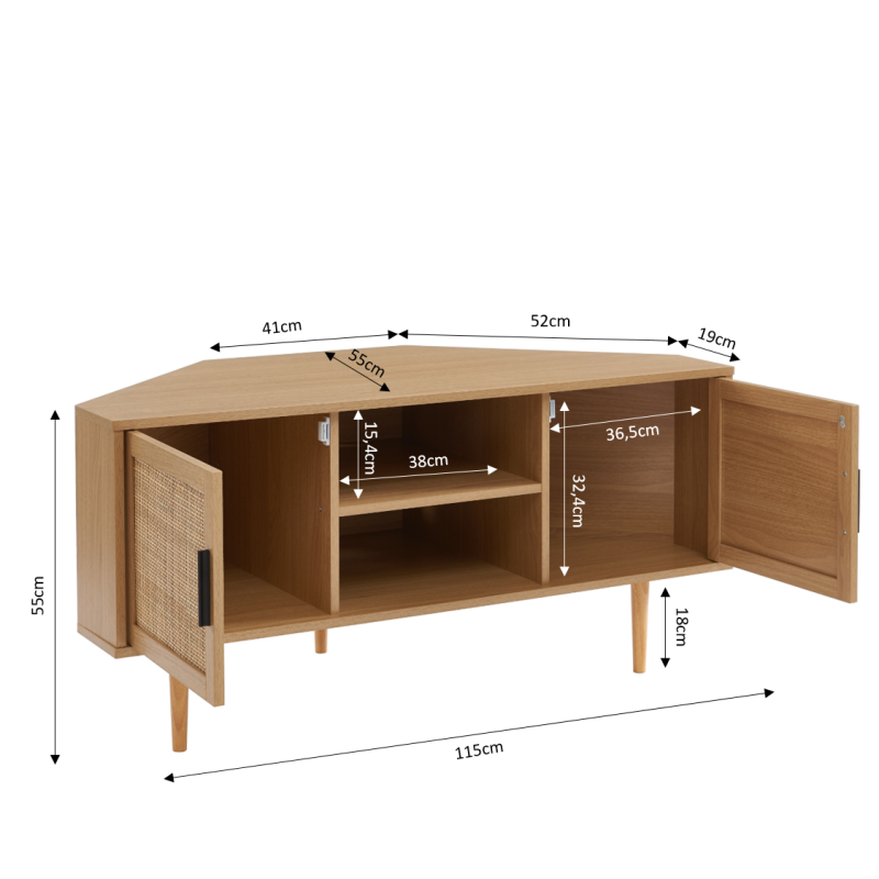 Meuble TV d'angle AMANA effet chêne et cannage rotin 115cm