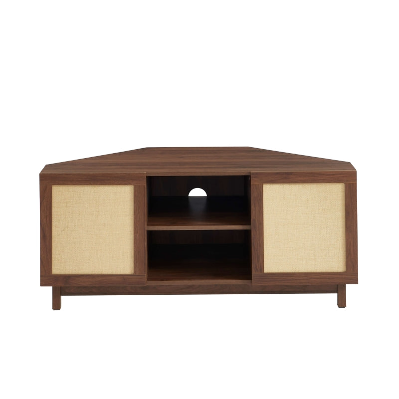 Meuble TV d'angle 120cm effet noyer et rotin, idéal pour optimiser un coin salon