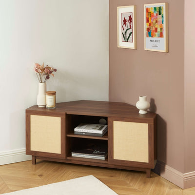 Meuble TV d'angle HARIA effet noyer et rotin 120cm