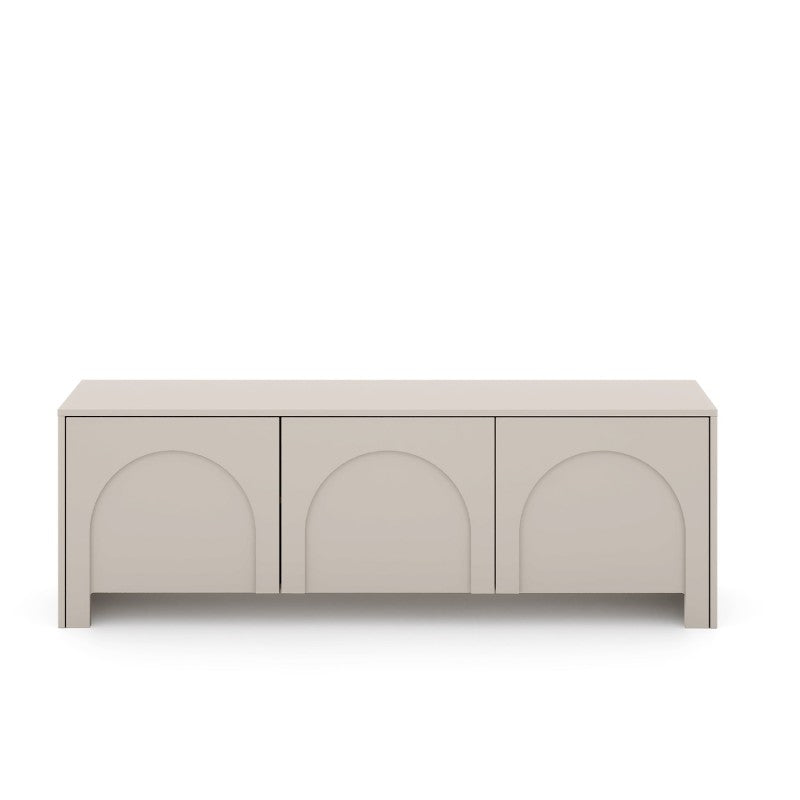 Meuble TV 3 portes 150cm coloris cachemire, façade sculptée d'arcs, design épuré moderne