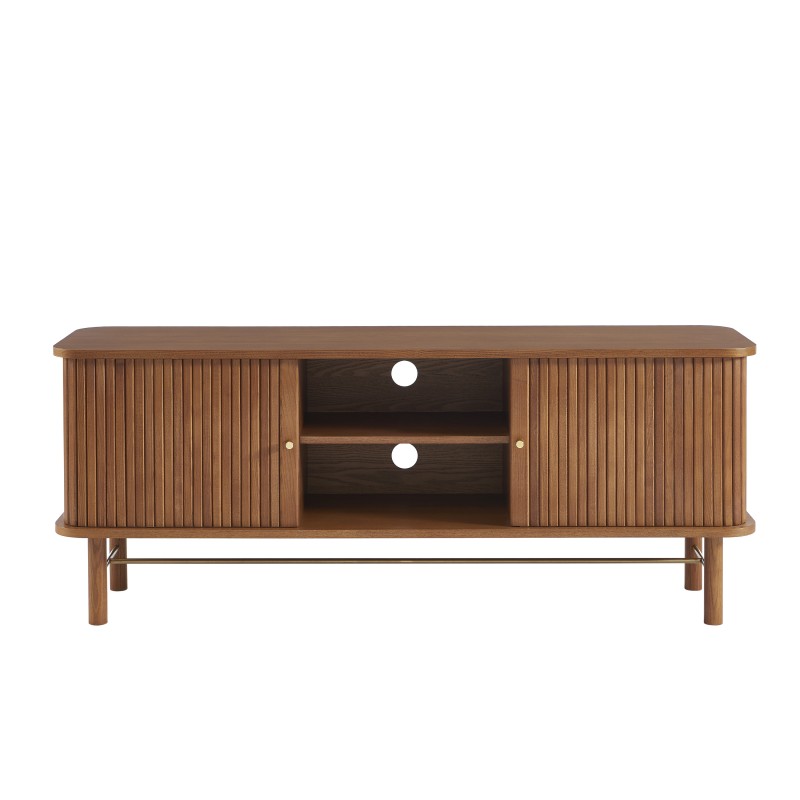 Meuble TV 150cm en frêne foncé avec portes tambour, design contemporain sur mesure