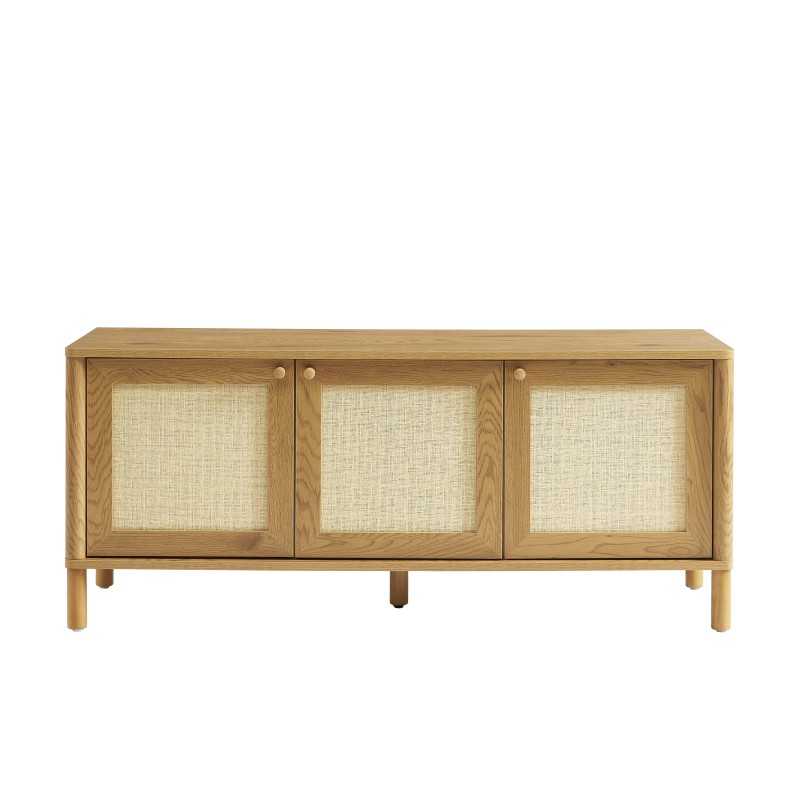 Meuble TV 120cm effet chêne clair et façades en rotin, style bohème naturel pour salon
