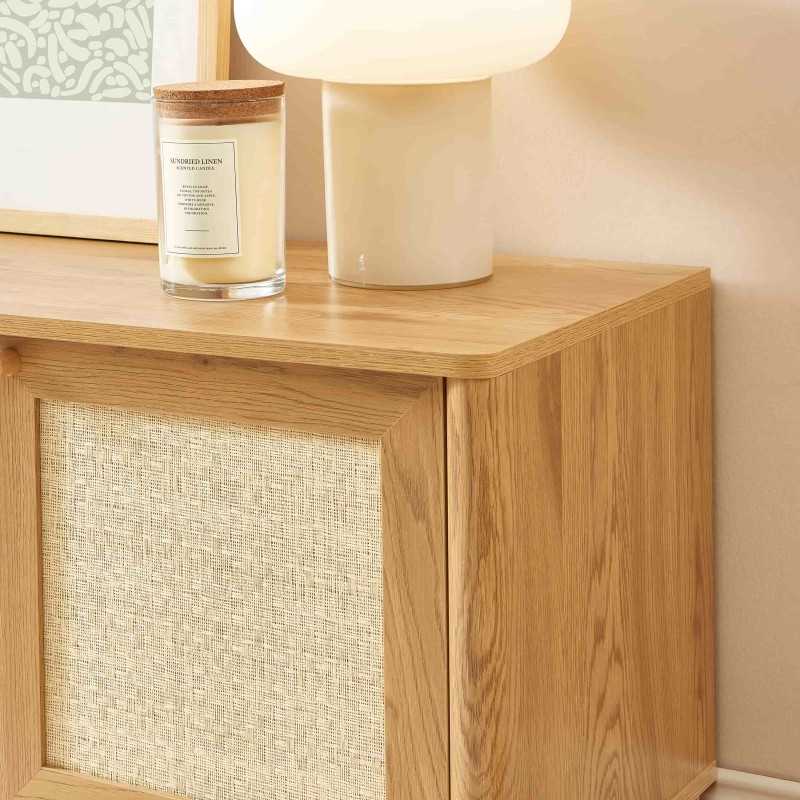 Meuble TV HAIDA effet chêne et rotin 120cm