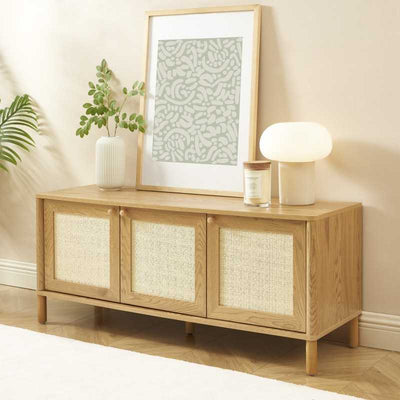 Meuble TV HAIDA effet chêne et rotin 120cm