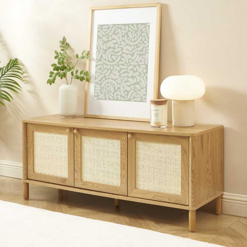 Meuble TV HAIDA effet chêne et rotin 120cm
