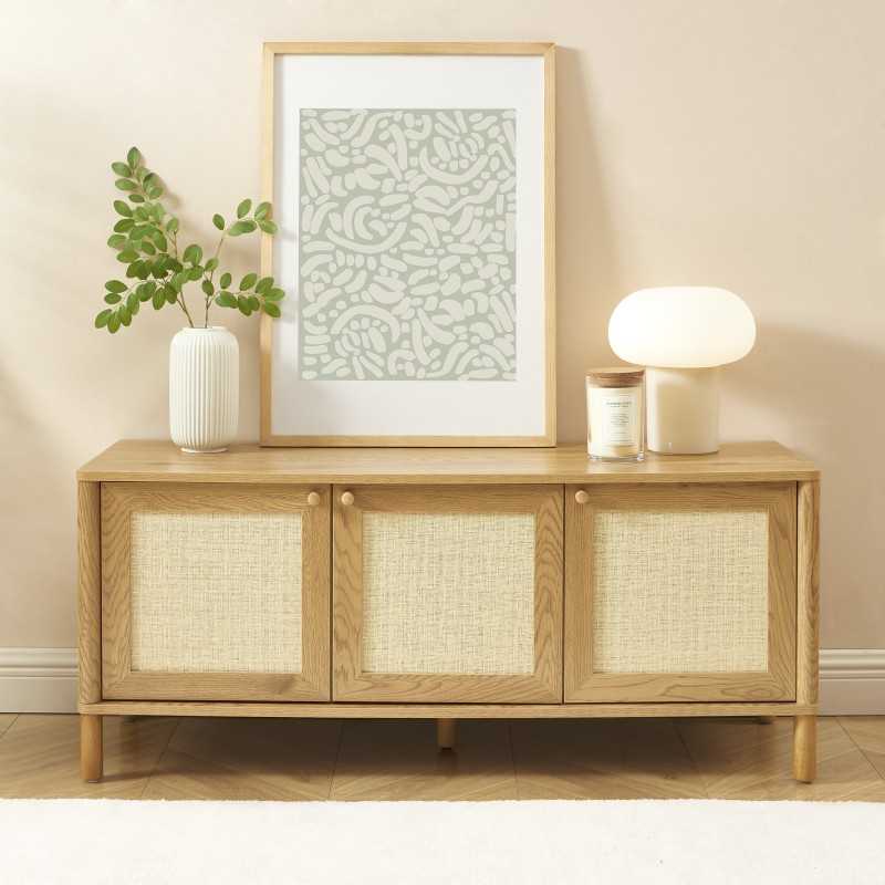 Meuble TV HAIDA effet chêne et rotin 120cm