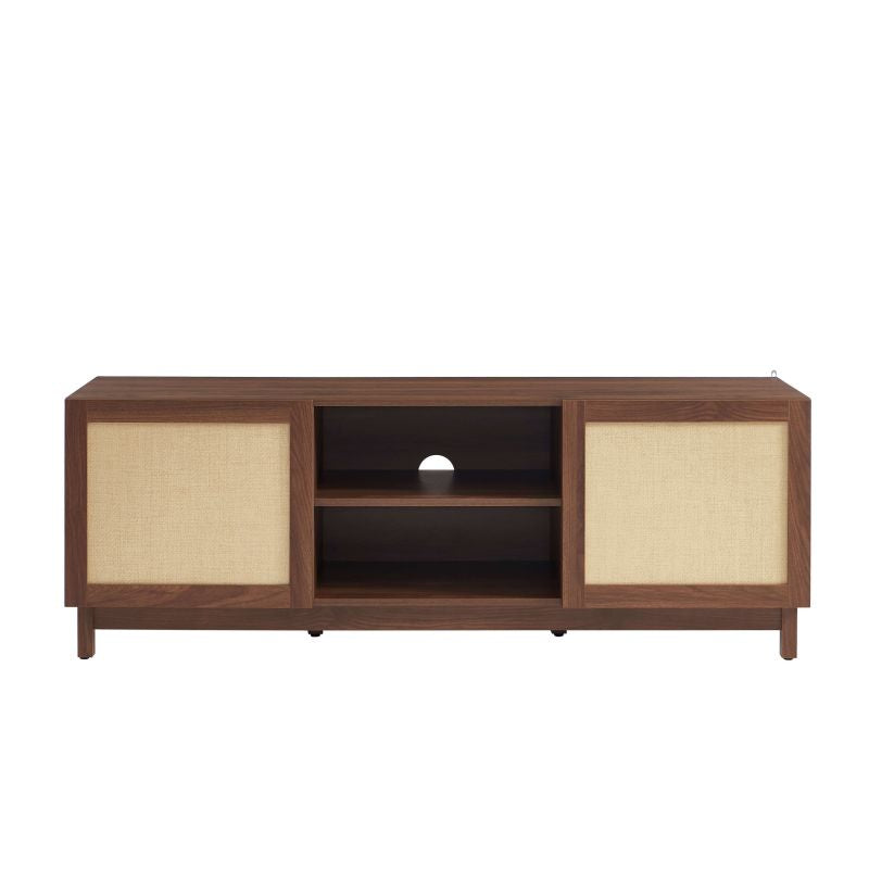 Meuble TV 150cm effet noyer et rotin naturel, style bohème vintage salon