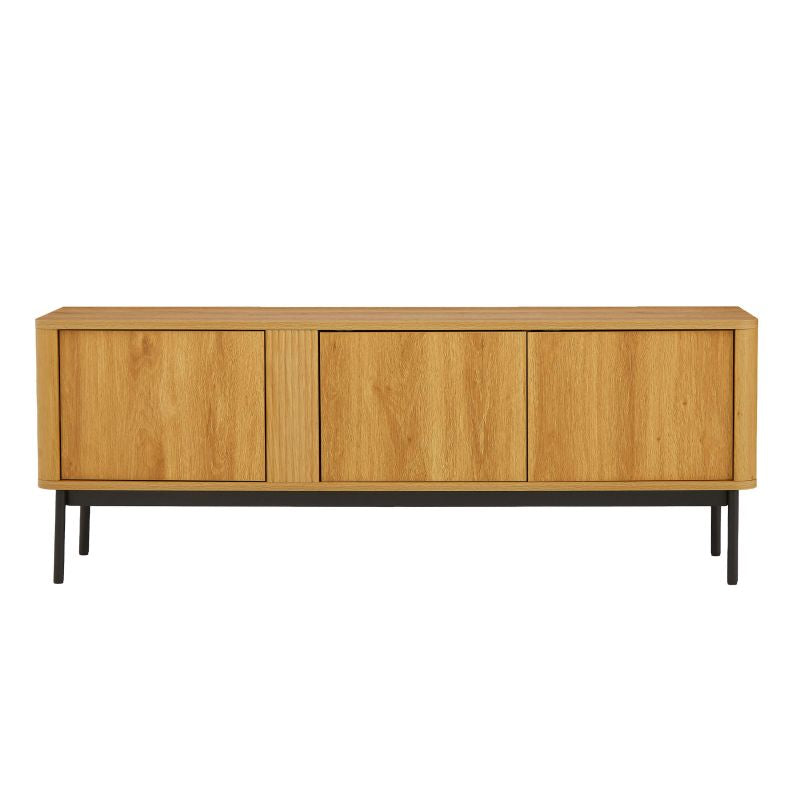 Meuble TV 150cm effet chêne avec piètement acier noir, style moderne intemporel