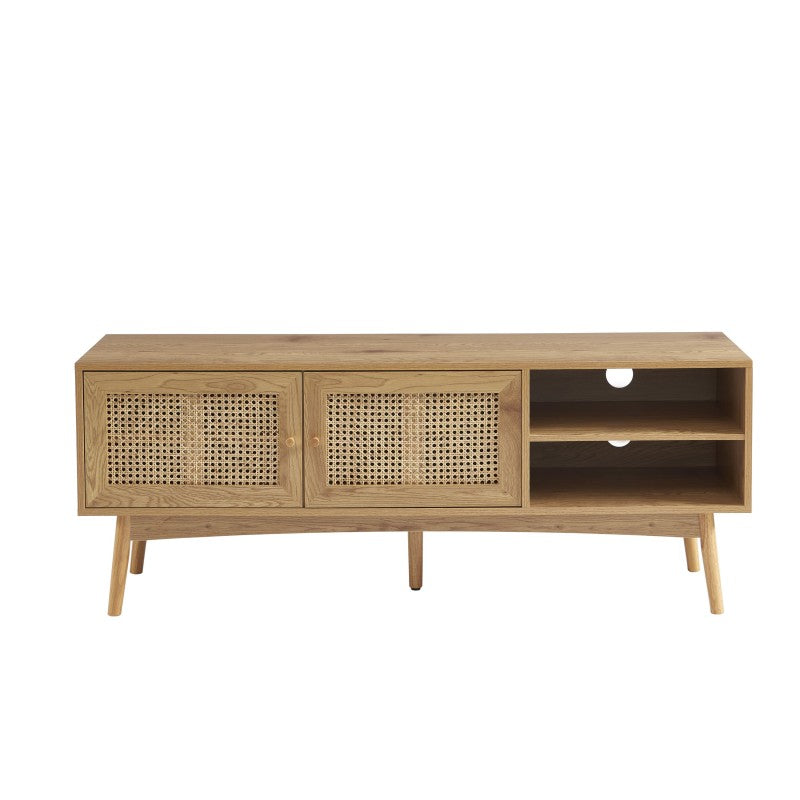 Meuble TV 140cm effet chêne avec portes cannage rotin, style rétro vintage