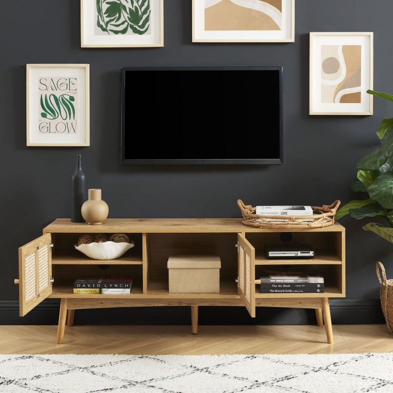 Meuble tv INES effet chêne et cannage rotin 140cm