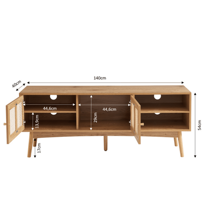 Meuble tv INES effet chêne et cannage rotin 140cm
