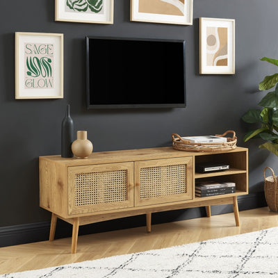 Meuble tv INES effet chêne et cannage rotin 140cm