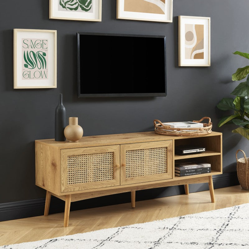 Meuble tv INES effet chêne et cannage rotin 140cm