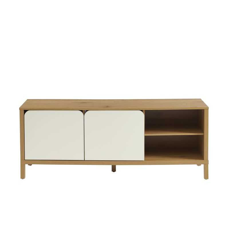Meuble TV 140cm effet chêne et portes blanches arrondies, style contemporain
