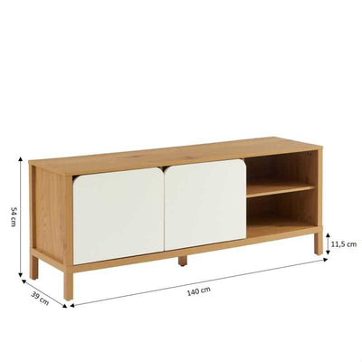 Meuble TV KILDA effet chêne et portes blanches 140cm