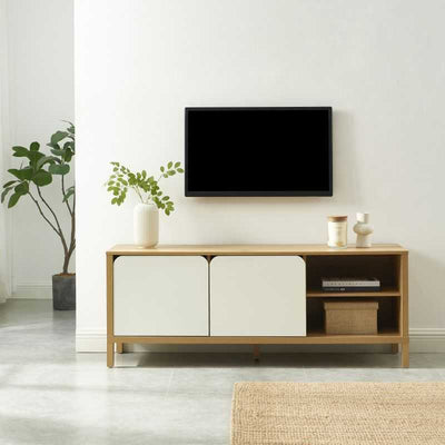 Meuble TV KILDA effet chêne et portes blanches 140cm