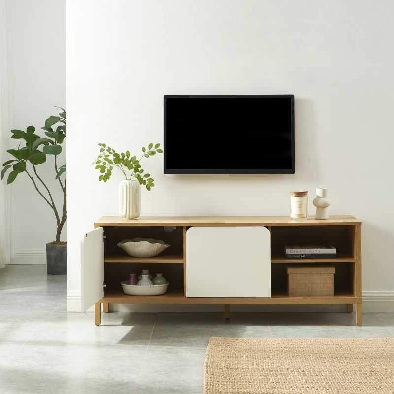 Meuble TV KILDA effet chêne et portes blanches 140cm