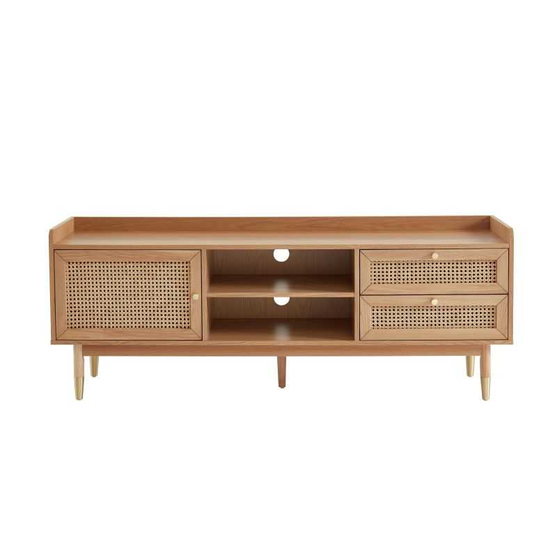 Meuble TV 160cm chêne et cannage rotin LEON, style rétro moderne salon