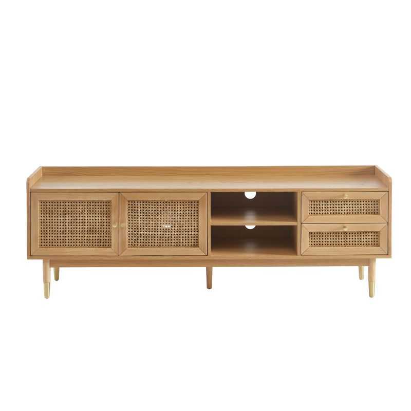Meuble TV 180cm placage chêne et cannage rotin, style naturel pour salon contemporain