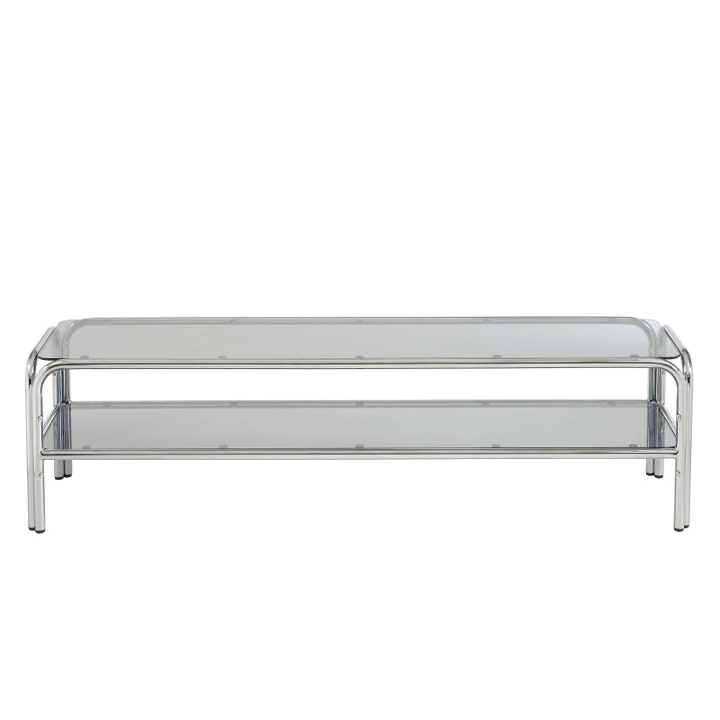 Meuble TV 160cm plateau verre trempé noir et structure chromée, style contemporain