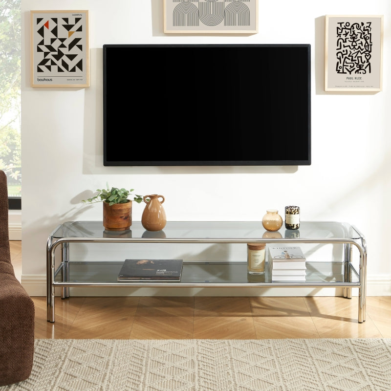 Meuble TV MAGGY verre trempé noir et structure en chrome 160cm