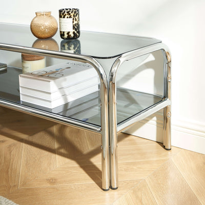 Meuble TV MAGGY verre trempé noir et structure en chrome 160cm