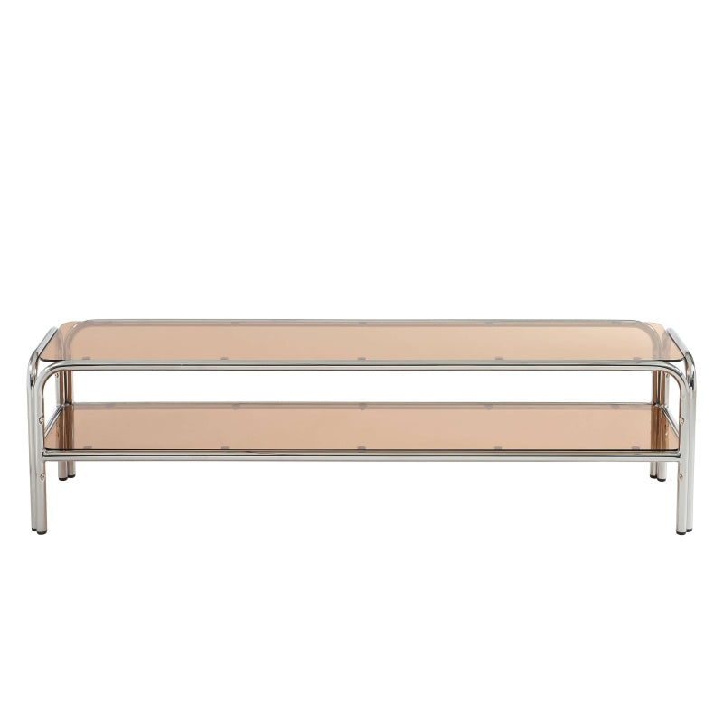 Meuble TV 160cm plateau verre trempé orange et structure chromée, style contemporain